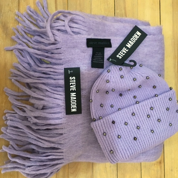 Steve Madden Metallic Pearls  Beanie  Cozy Fringe Scarf SET NWT - Picture 7 of 7